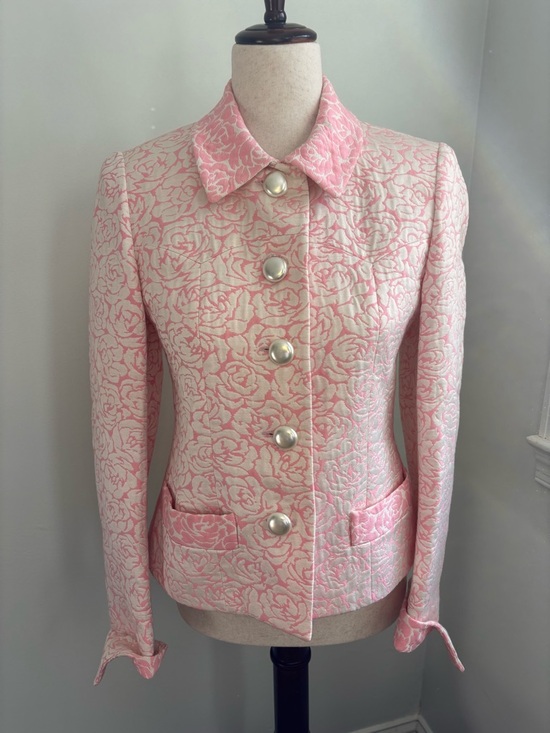 Vintage Jackets & Blazers - Vintage French Pink Brocade Blazer Pearl Buttons Coquette Jackie O EU 38
